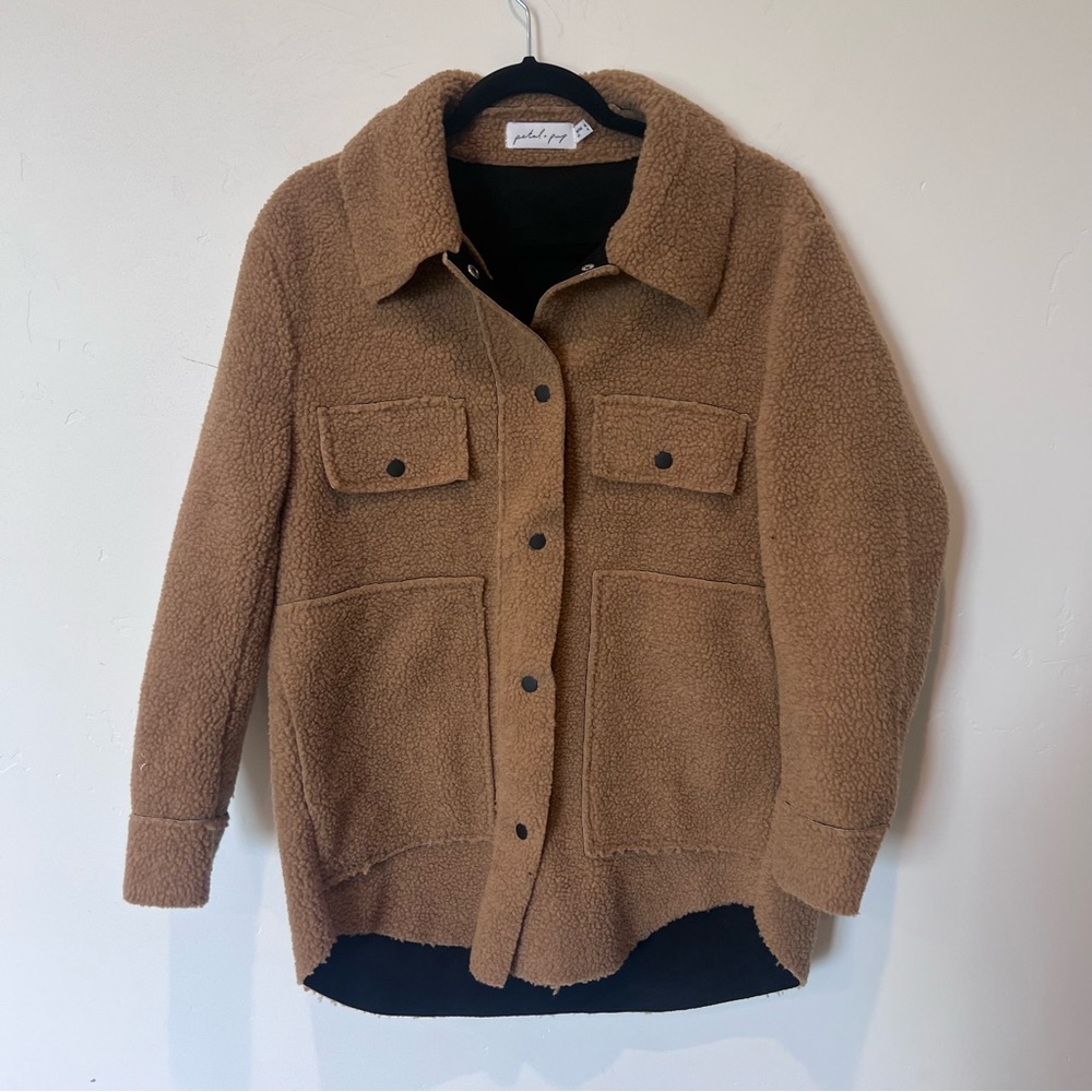 Petal & Pup Women’s Tan Teddy Jacket Classic Collar Oversized Fit Size 4 Shacket